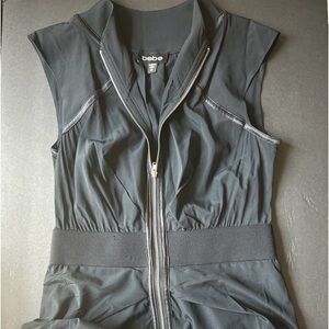 Bebe Ruched Edgy Exposed Zipper Bodycon Black Silk Dress